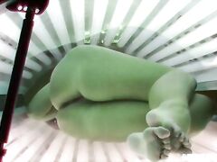 Brunette Teen Girl Tanning her Tight Shaved Pussy